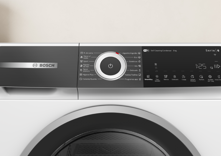 Primer plano del panel de control de una secadora Serie 6 Bosch, mostrando los programas disponibles