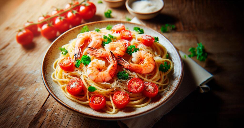 espaguetis con gambas y tomates cherry