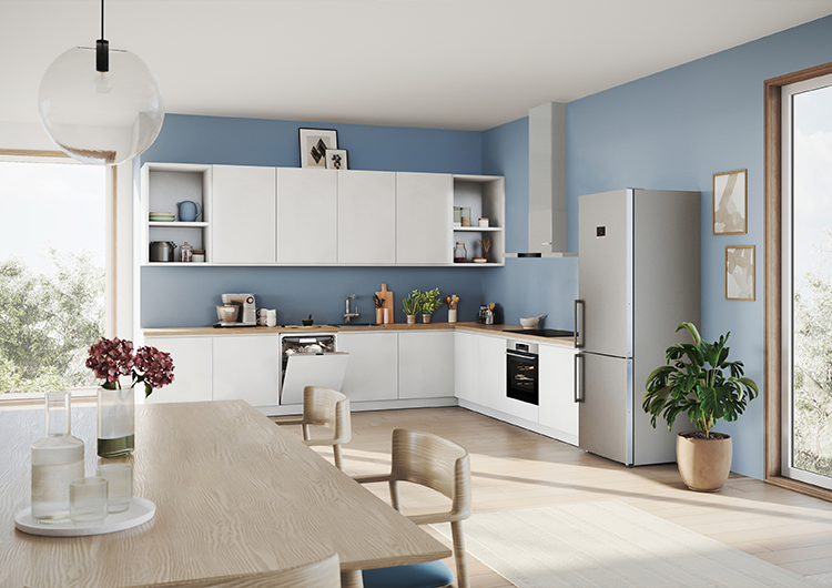 Cocinas blancas con electrodomésticos de acero inoxidable